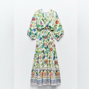NWOT Zara Linen Knot Cutouts Floral print Puff poplin dress
